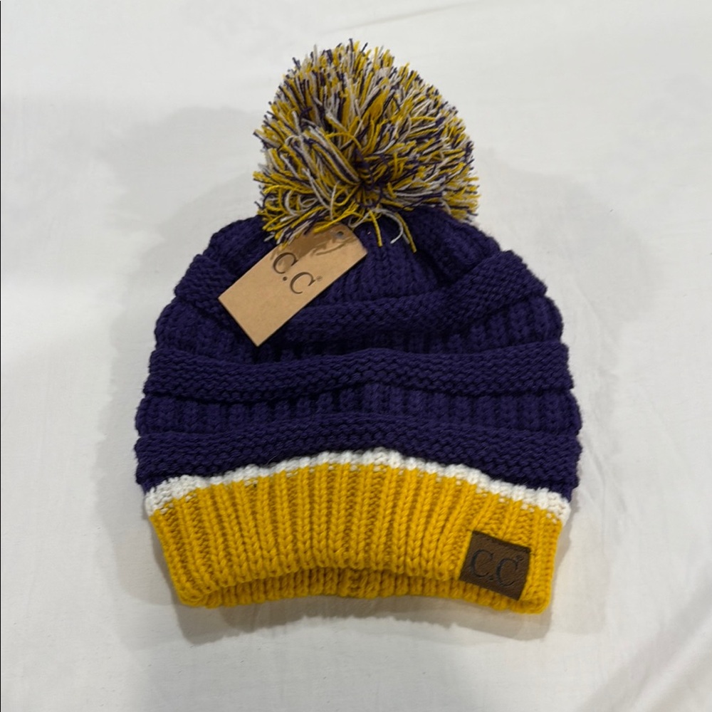 C.C Adult Pom Pom Beanie - Purple and Mustard